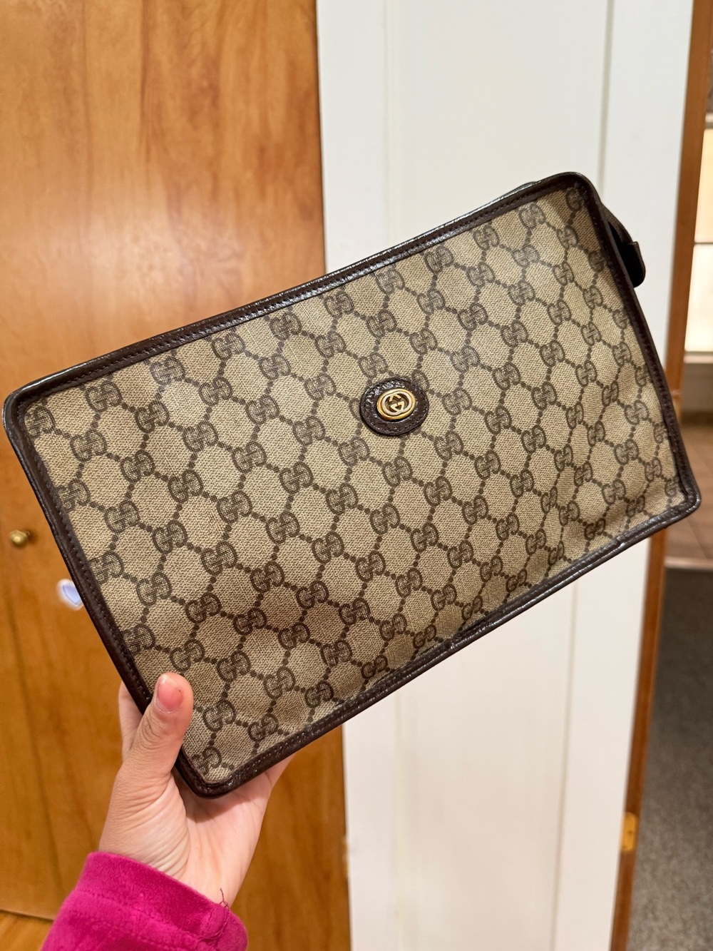 Gucci Brown/Tan GG Canvas Toiletry Pouch with Logo Medallion